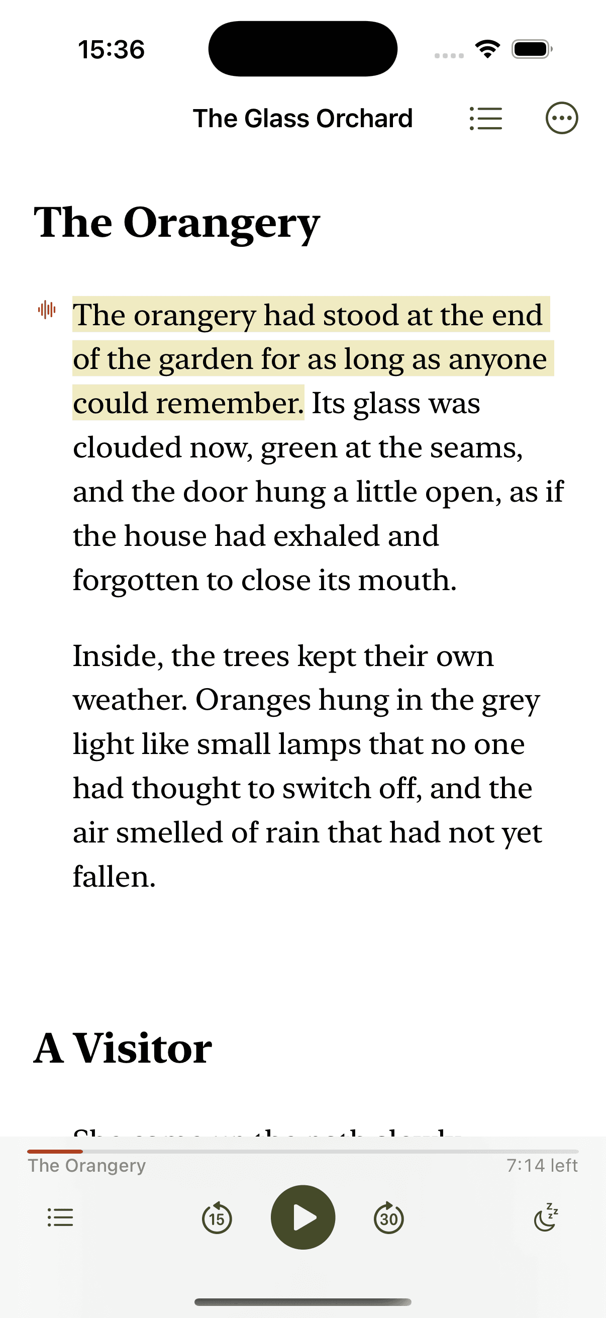 Vellichor reader showing the active narrated sentence